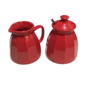 Chantal Red Ceramic Sugar Bowl with Lid Spoon Creamer Pitcher Set 8oz